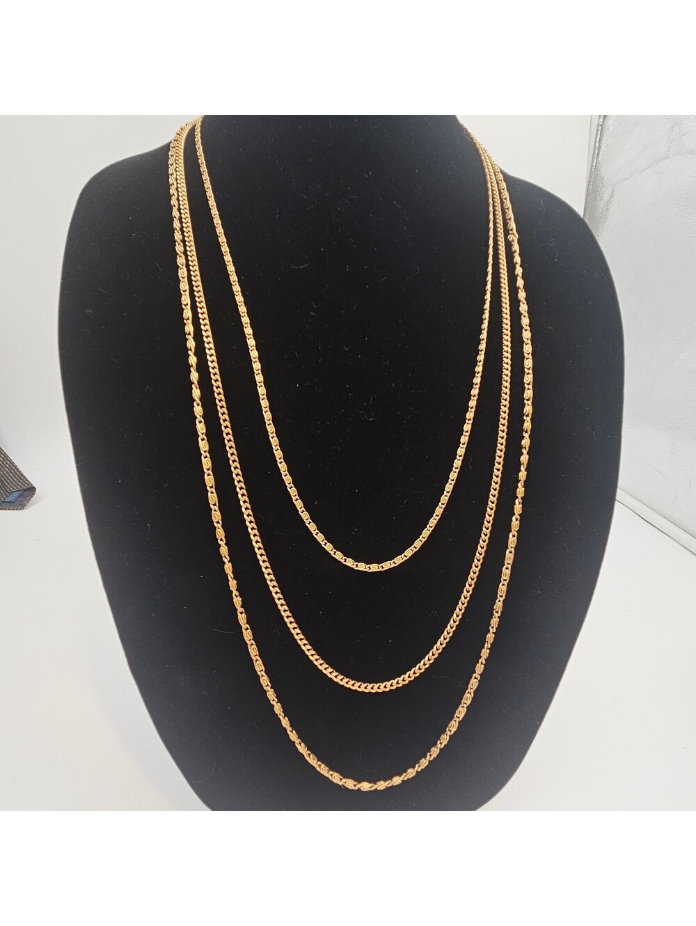 Vintage Goldette NY Signed Opera Length Triple Strand Gold Tone Necklace 36"